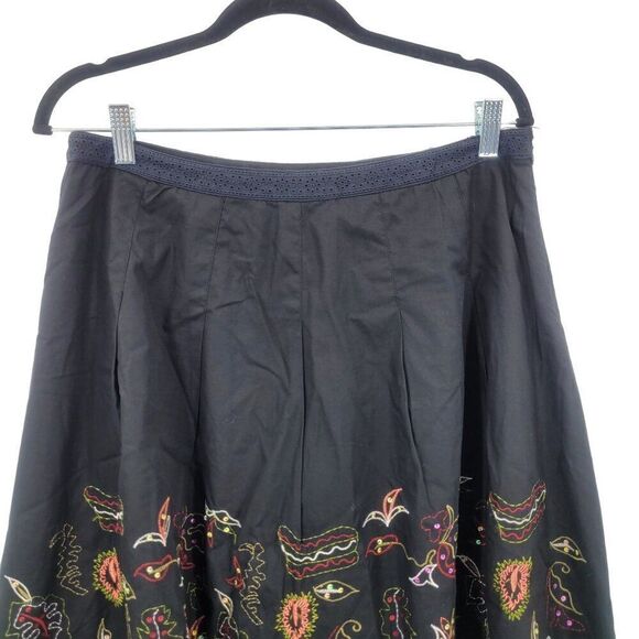 Vintage 90s Midi Skirt 12 Black Floral Embroidered Cotton A-line Full Boho - Picture 4 of 10
